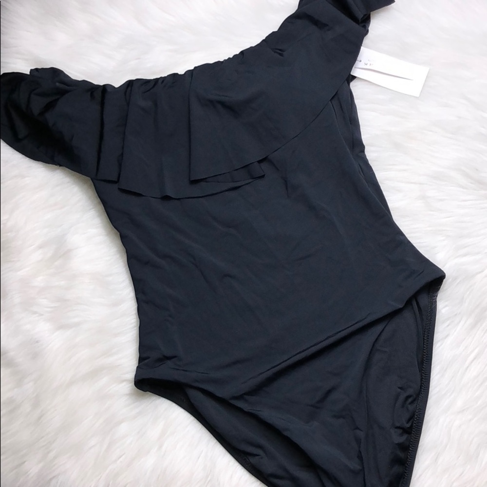 TRINA TURK BLACK RUFFLE OFF SHOULDER  SWIMSUIT 8 - Picture 2 of 4